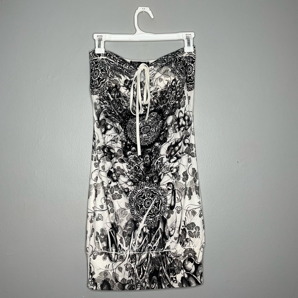 Bizz Girl Y2K Patterned Strapless Patterned Bejeweled Mini Dress CC